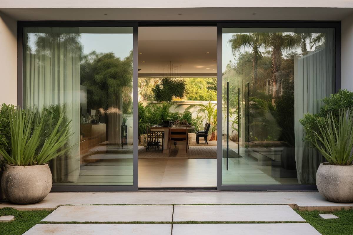 Modern Sliding Glass Door with Drapery Open to a California Home near Fairfield and Fremont, California (CA)