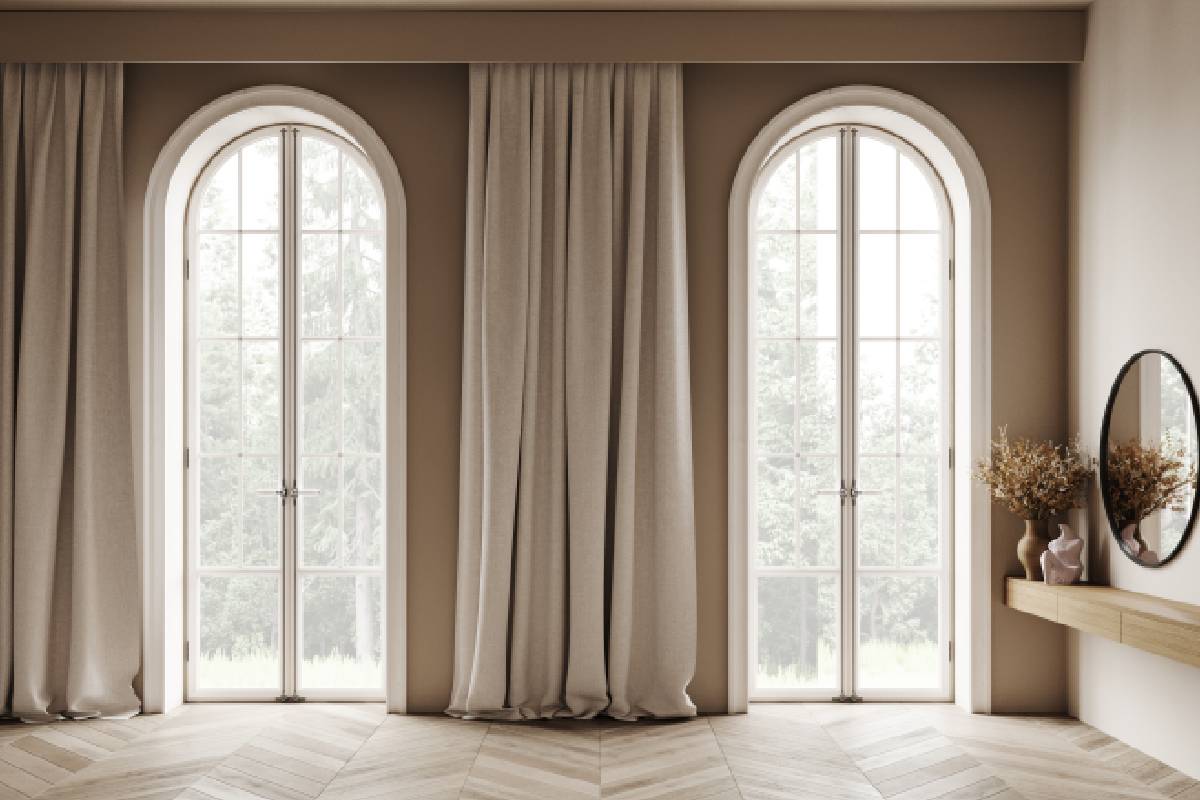 Arch window drapery in a room near Fairfield and Fremont, California (CA)