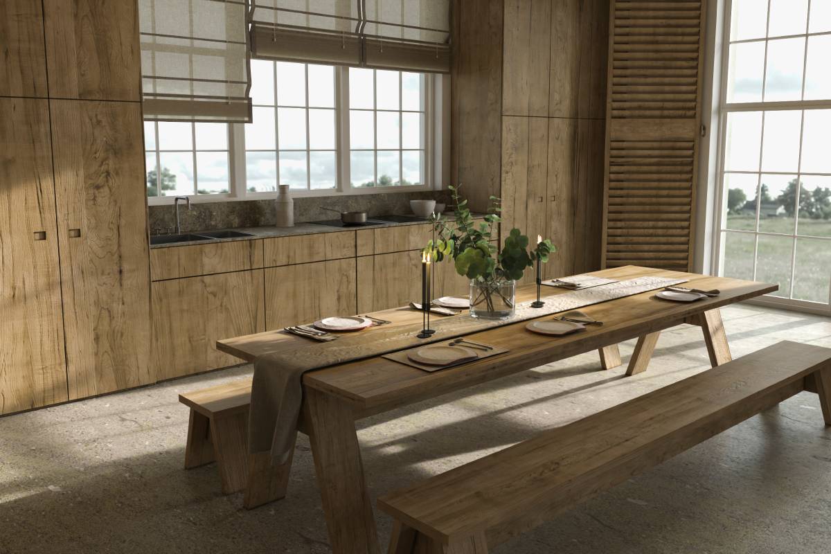 A farmhouse-style kitchen and dining space with decor and large windows at Window Fashions of Northern California near Fairfield and Fremont, CA
