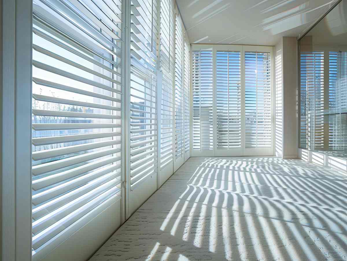 Luxury interior shutters in a bathroom with sunlight streaming through Near Fairfield and Fremont, California (CA)