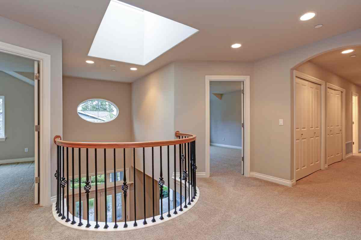 A view of a foyer with a skylight from the second-floor landing at Window Fashions of Northern California near Fairfield, California (CA)