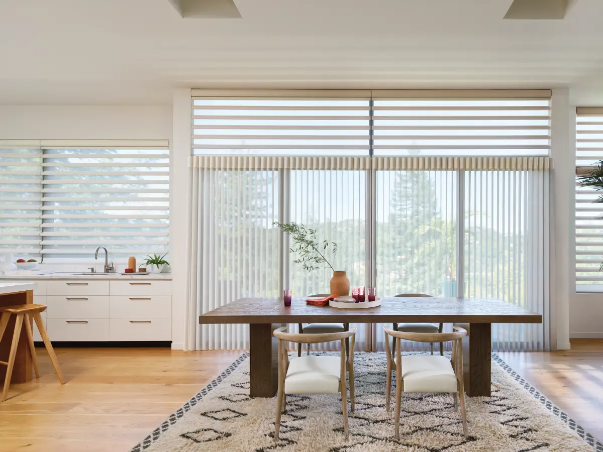 Custom-fit Pirouette® Sheer Shades on large windows.
